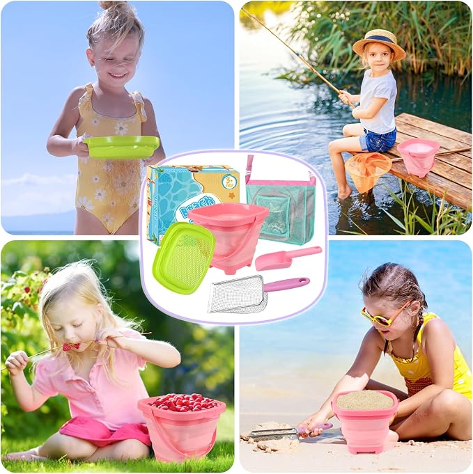 Beach Shell Collecting Set, Sand Toys with Collapsible Bucket, Shark Tooth Sifter, Sand Sifter, Mesh Bag, Outdoor Exploration Tools & Treasure Hunt Toys for Kids, Family Beach Vacation Essentials
