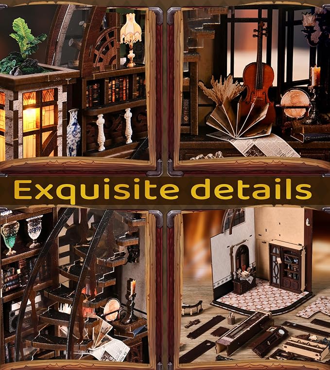 Roroom 3D Puzzles for Adults, Vintage Book Nook Kit with LED Light, Wooden DIY Miniature House Kit for Bookshelf Decor-Creative Crafts for Family and Friends