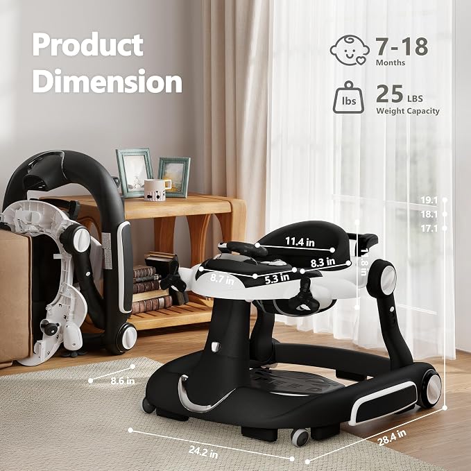 Kinder King 8-in-1 Baby Walker with Music & Lights, 3 Level Adjustable Height, Foldable Toddler Walker with Speed Adjustable Wheels, Easy to Clean, Baby Walkers for Boys & Girls 6-18 Months