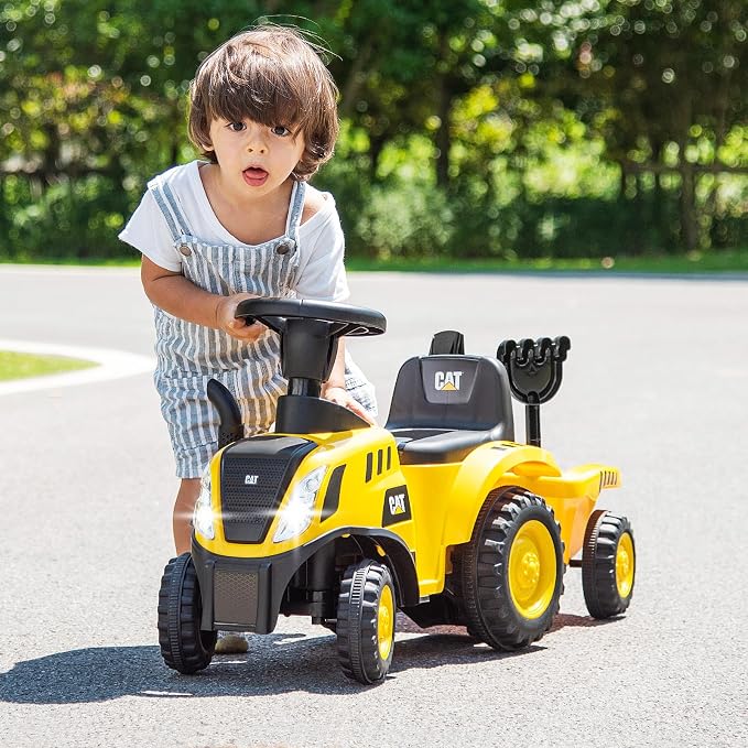 Costzon Kids Ride on Tractor, 2-in-1 Licensed Caterpillar Ride on Push Car w/Detachable Trailer, Horn, LED Lights, Rake & Shovel, Foot-to-Floor Sliding Car Gift w/No Power, Ride on Toy for Toddlers