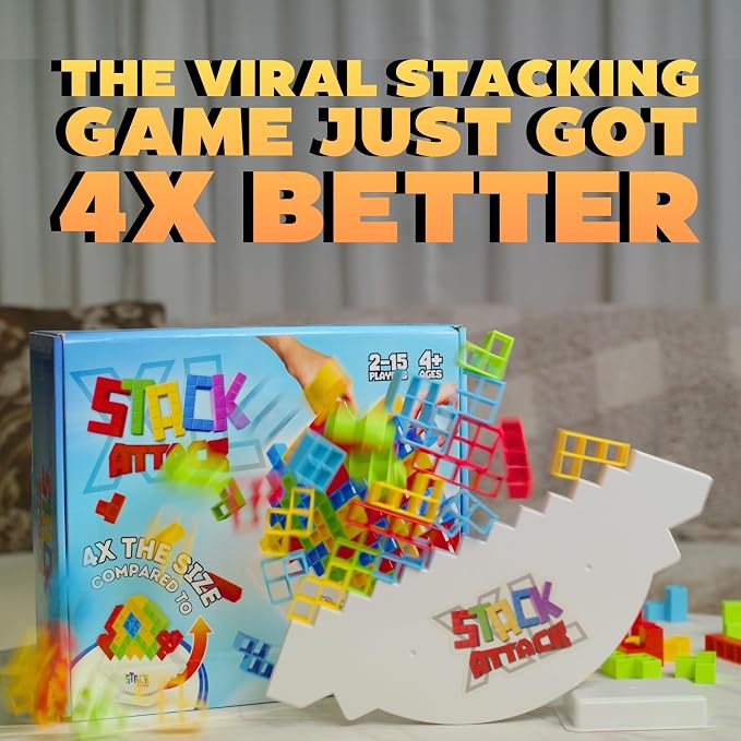 Stack Attack XL Tower Game, Giant Tabletop Games for Kids & Adults, Family Game Night Building Block and Stacking Gifts, Includes 100 Pcs & 36 Cards, Balance Novelty Toy Gift
