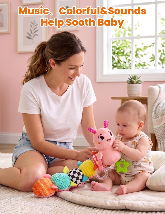GoGonova Musical Caterpillar Baby Sensory Toy for Infant Development 0-12 Months – Newborn Bath, Car Seat, Stroller & Bassinet Activity Toy & Gift – Tummy Time Crawler & Teether(Pink)