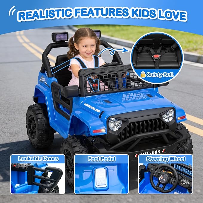 12V 7AH Kids Ride-On Truck Car, Electric Car with Parent Remote Control, Spring Suspension, LED Lights, Bluetooth, Music, Blue
