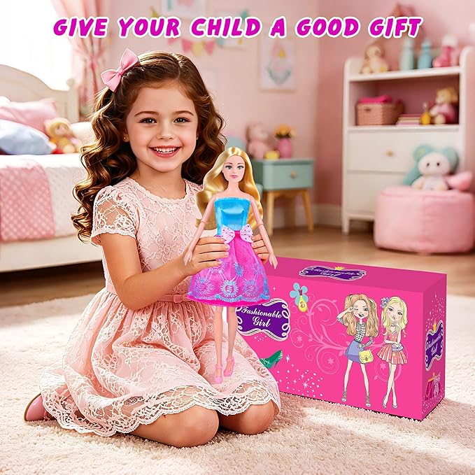 135 Pcs Doll Clothes and Accessories with Doll, Princess Gowns, Fashion Dresses, Slip Dresses, Top, Pants, Jumpsuit, Swimsuits, Shoes, Hangers, Doll Dress up Toys for Girls Kids Toddlers Toy Gifts