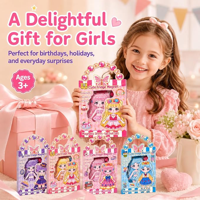 Magnetic Dress Up Dolls for Girls, 87PCS Princess Magnet Dolls with Foil Art & DIY Accessories, Airplane Car Road Trip Activity Set, Pretend Play Set Birthday Gift for Toddlers Kids Ages 3 4 5 6 7 8