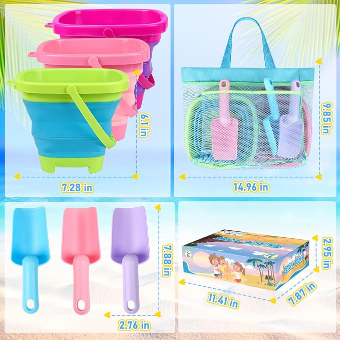 Collapsible Beach Buckets for Kids, Foldable Sand Buckets and Shovels with Mesh Bag, Silicone Sand Pails Travel Beach Toys for Toddlers Easter Egg Hunt, Camping and Fishing Water Pail