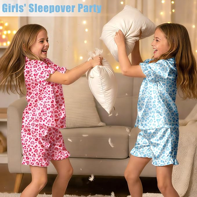 ICOSY Matching Doll & Girls Silk Pajamas Satin Pjs for Girls Button-Down Top and Shorts for 18" Doll Girl Clothes