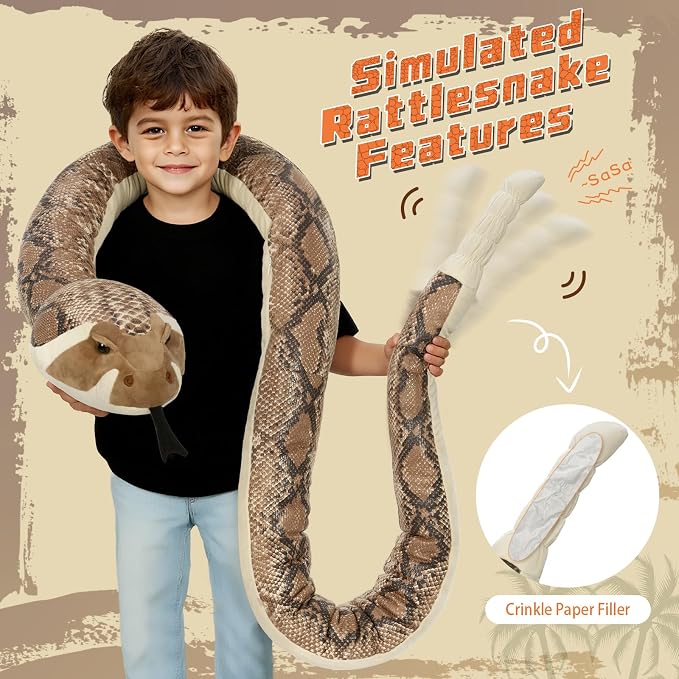 MaoGoLan 97 inch Giant Rattlesnake Plush Long Stuffed Snake Toy Realistic Python Stuffy for Kids Prank Props Christmas Birthday Easter Valentine's Day, Brown