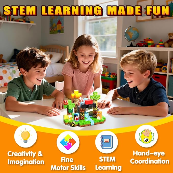Light Up 208PCS Magnetic Blocks, Magnetic Building Blocks Light Up, Stacking Magnets for Kids, Sensory Toy for STEM Constructions Magnet Blocks for Boys Girls Age 3+, Birthday Gifts