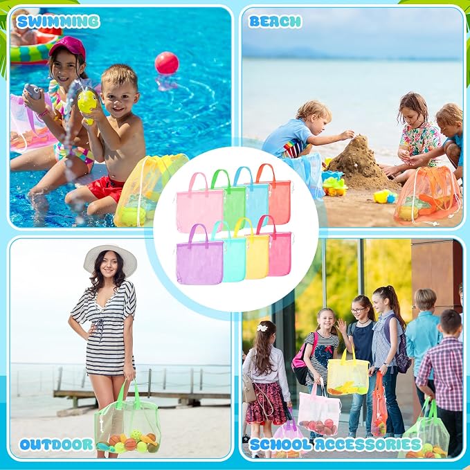 Paterr 8 Pcs Mesh Beach Tote Bag Seashell Bags Foldable Large Beach Toy Organizer with Drawstring, Pool Gym Swimming Camping Accessories Lightweight Foldable Birthday Gifts (8 Colors)