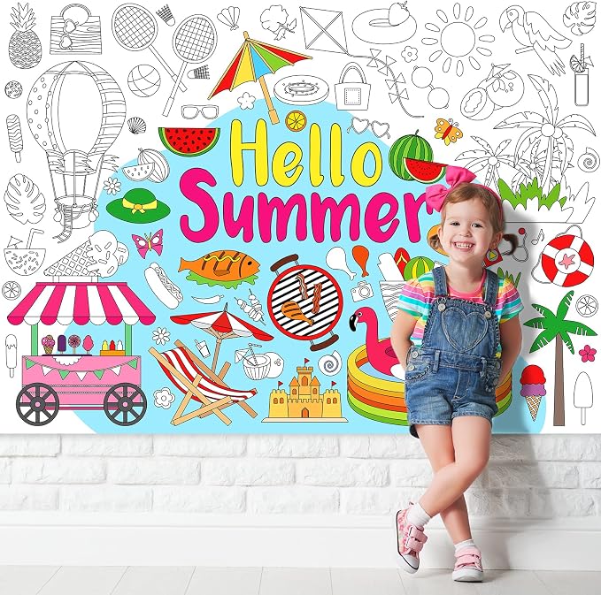 ZOIIWA Hello Summer Coloring Poster Giant Coloring Poster Large Summer Coloring Tablecloth Jumbo Coloring Books Classroom Home Birthday Party Supplies Favor 31.4 x 43.3 Inch