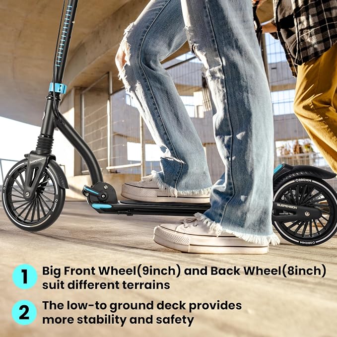 AERO MOBILITY Kick Scooter for Kids 6+, Teens & Adults | Light Up Wheels, Hand Brake, Rubber Deck Mat & Shock Absorption | Foldable & Height Adjustable