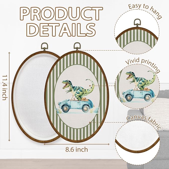 WULQYING Boy Nursery Dinosaur Car Wall Art Decor, Boys Room Oval Framed Canvas Art Prints, Green Striped Dino Dinosaur Wall Hanging Decor for Kid Toddler Boy Room Bedroom Playroom, 8.6x11.4 Inches