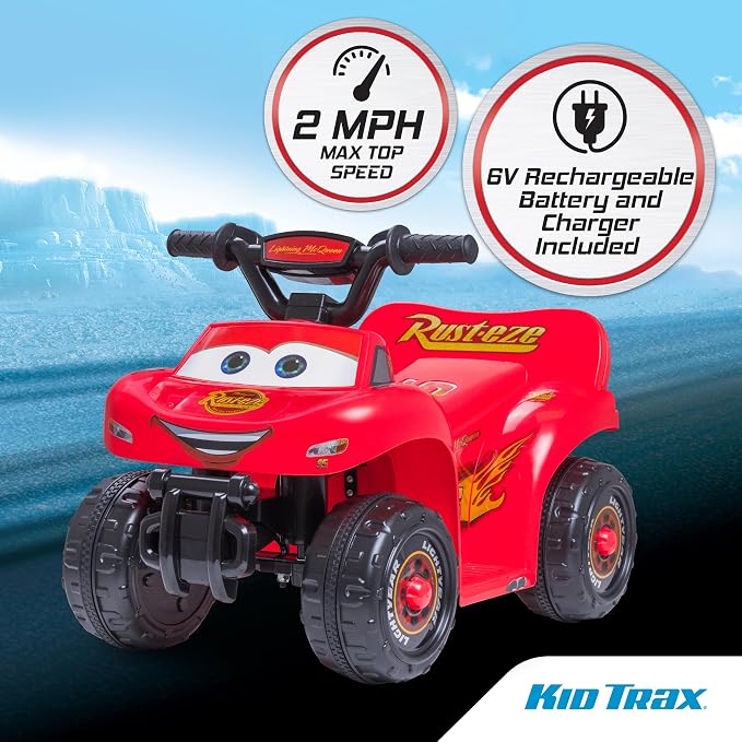 Kid Trax Toddler Disney Cars Quad Ride On Toy, Kids 1.5-3 Years Old, 6 Volt Battery and Charger Included, Max Weight 45 lbs, Lightning McQueen Red