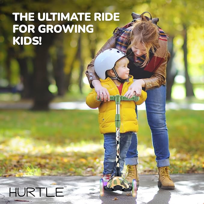 Hurtle Mini Kickboard 3 Wheel Scooter for Kids Ages 2-5 - Lean-to-Steer Toddler Scooter with Light-up LED Wheels, Adjustable Height & Rear Foot Brake for Boys. & Girls, Anti-Slip, Indoor/Outdoor