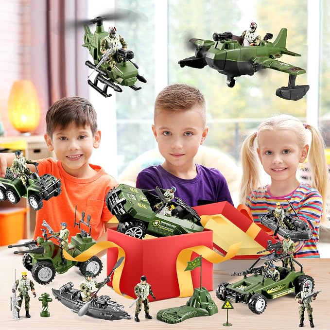 58-in-1 Army Men Toys for Boys 4-7 6-8 8-12, Military Truck/Helicopter/Kayak Boat/Motorcycle/Army Men Action Figures/Weapon Gears, Army Toys for Boys Kids Birthday Gifts Party Favors