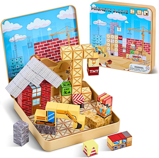 49PCS Magnetic Blocks with Iron Storage Box, Magnetic Cubes Tiles, STEM Educational Stacking Magnets Travel Toys for Kid Ages 3 4 5 6 7 8 9 10 11 Birthday Party Supplies Gifts for Boys Girls