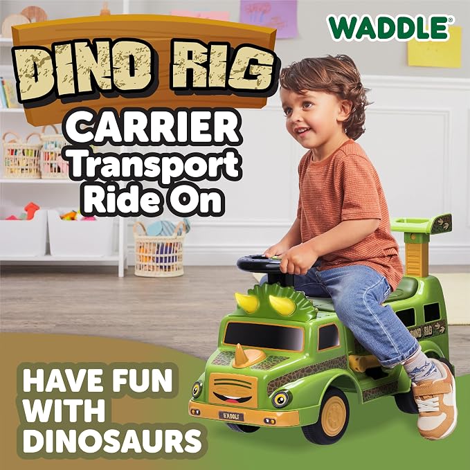Waddle Dinosaur Toys for Kids - Ride On Cars for Toddlers 1-3, Dino Rig Transporter Includes 2 Monster Rigs, Lights, Sound, Interactive Kids Toy, Indoor, Outdoor Toddler Toys, Up to 44 lbs