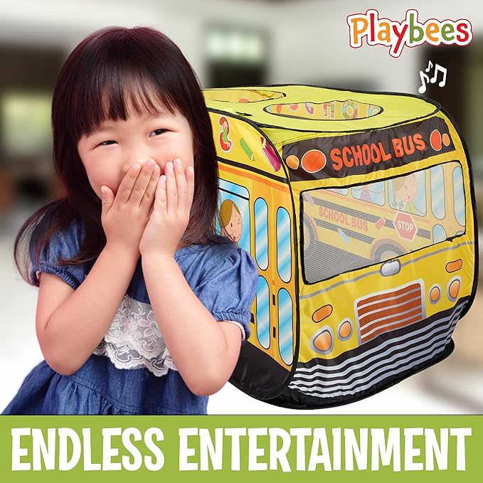 Playbees Musical School Bus Pop Up Play Tent with 3 Openings - Tent for Toddlers - Indoor & Outdoor - Pop Up Tents for Kids - Includes Carry Bag and Sound Button- 43.5x28x26.5 Inch