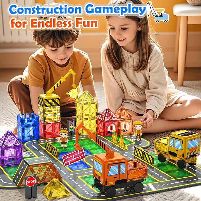 Soyee 102 PCS Magnetic Tiles with 2 Cars & 2 Cranes Magnet Construction Building Kids Toys for Creative Play and STEM Learning Boys Toys & Gifts for 3-12