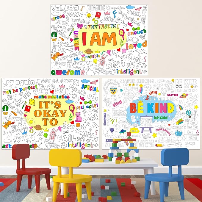 Set of 3 Jumbo Giant Coloring Poster for Kid Large Positive Coloring Tablecloths with I AM IT’S OK TO BE KIND Theme Inspirational Fun Coloring Banner for Classroom Home Activity Birthday Party Supply