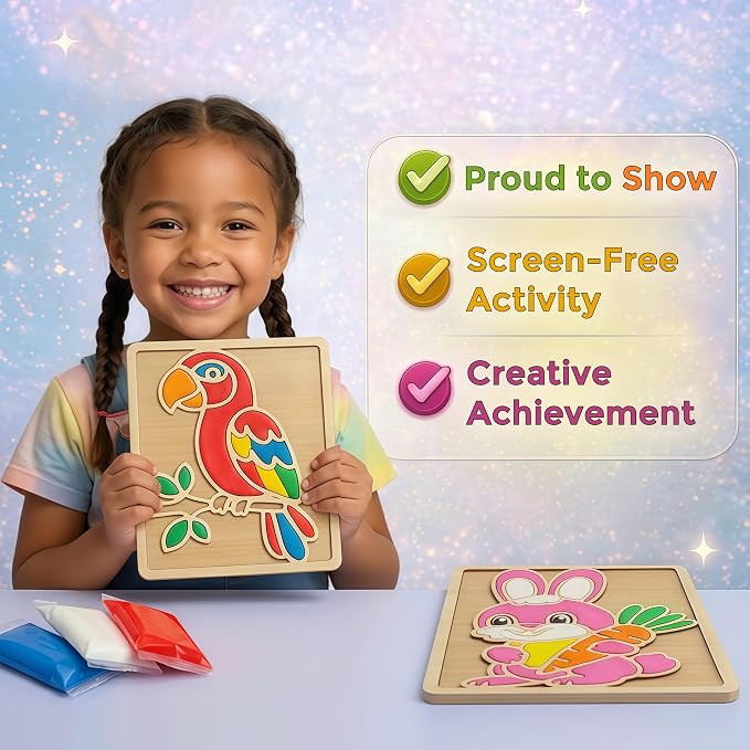 Air Dry Clay for Kids - Modeling Clay for Kids DIY Arts and Crafts Kit with 16 Soft Colored Magic Clay Bags & 2 Engraved Wooden Boards - Wooden Clay Picture Kit for Boys and Girls Ages 4-8
