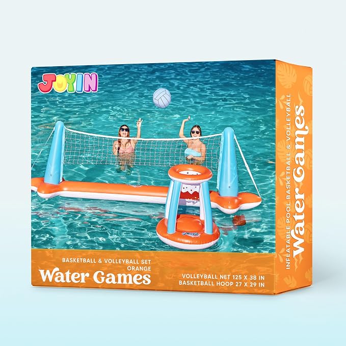 JOYIN XL Inflatable Pool Float Set, 125'' Volleyball Net & Basketball Hoops, Extra Large Floating Swimming Game Toy for Kids and Adults, Summer Floaties, Volleyball Court|Basketball, XL-Orange