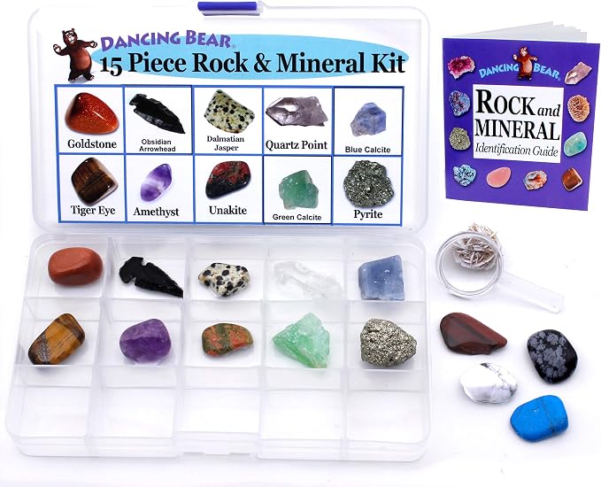 DANCING BEAR -15 Pc Rock & Mineral Collection with Collector Box/Display Case, ID Sheet, Rock Book, Magnifying Glass, Beginner Starter Set, Kids' Gemstone Crystal Kit, STEM Geology Science Education