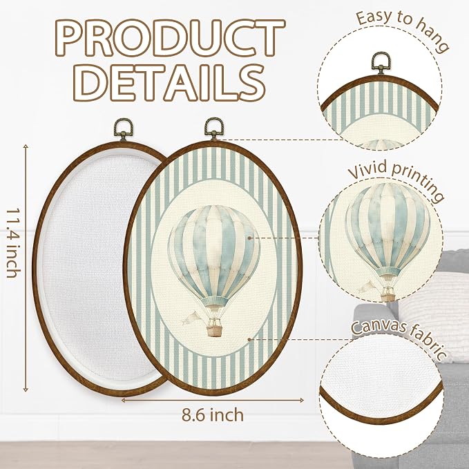 WULQYING Vintage Hot Air Balloon Nursery Wall Art Decor, Kids Room Oval Framed Canvas Art Prints, Boy Girl Nursery Wall Hanging Decor for Kids Toddler Room Bedroom Playroom, 8.6x11.4 Inches