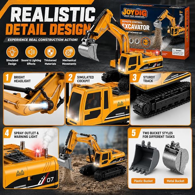 Remote Control Excavator Toy 4-in-1 RC Construction Vehicle with Metal Bucket, Alloy Drill, Grapple Claw, 680° Rotation, Smoke Spray, Sounds, 2 Batteries, Digger Gift for Boys 3-8+