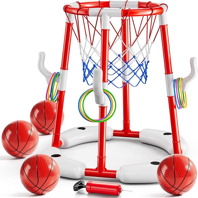 MSKOLER Pool Basketball Hoop Toys - 2 in 1 Floating Pool Toys with 4 Balls and Inflatable Pump, Indoor Outdoor Water Basketball Swimming Pool Games Gifts Toys for Kids Ages 4-8 8-12