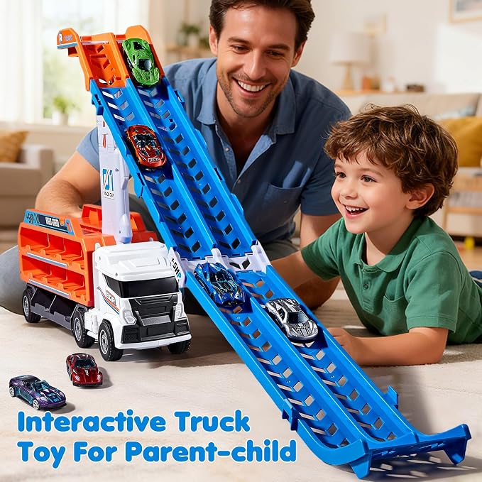 Race Track Truck Toys for 3 4 5 6 Years Old Kids - Carrier Truck Transport Car with 6 Die-Cast Cars Toys, 4-In-1 Truck with 2 Foldable Race Tracks, Christmas Birthday Gifts Toy for Toddler Boys, White