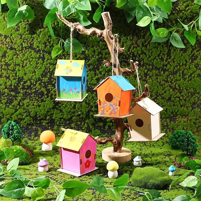 Bird House Kit, Wooden Bird Houses Craft Kits for Kids, 18 PCS DIY Painting Set with Paint Brushes Rope, Arts and Crafts for Kids Ages 6-12