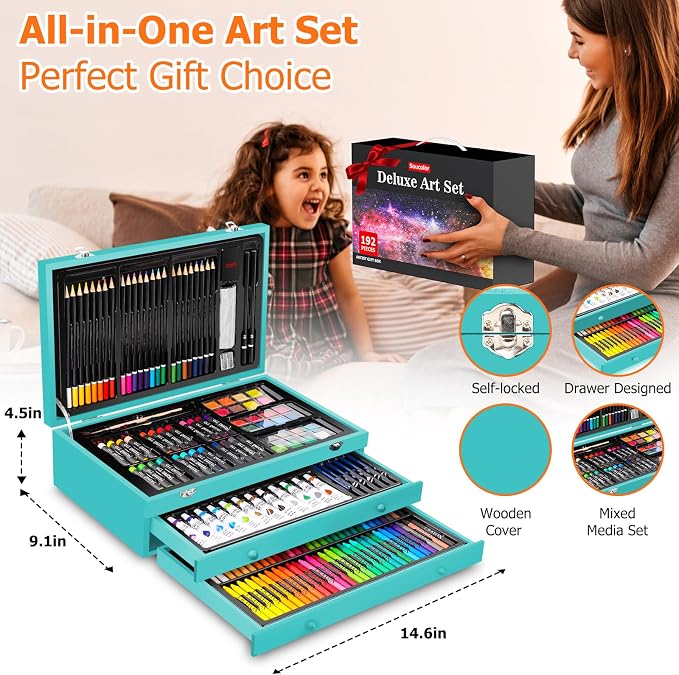 Soucolor Art Supplies, 192-Pack Deluxe Art Set Drawing Painting Supplies Art Kit with Acrylic Pad, Watercolor Pad, Sketch Book, Canvases, Acrylic Paint, Crayons, Pencils, Gifts for Artists Adults