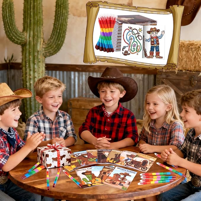 BenLouis 12 Western Cowboy Mini Coloring Books Kids with 12 Stacking Crayons Wild West Party Favors Small Activity Books Bulk for Kids Yee Haw Rodeo Party Horse Gift Goodie Bag Stuffers