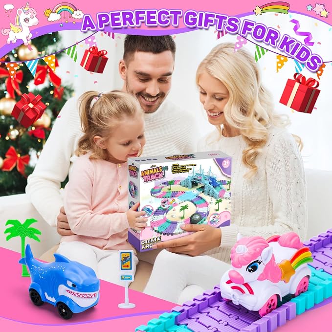 Race Track Toys for 3 4 5 Year Old Girls Gifts: Unicorn & Shark 194PCS Flexible Racetrack for Kids Ages 4-8 | Monster Truck Car Toys for Toddlers 3-6 | Magic Tracks Toddler Girls Toys Age 6-8