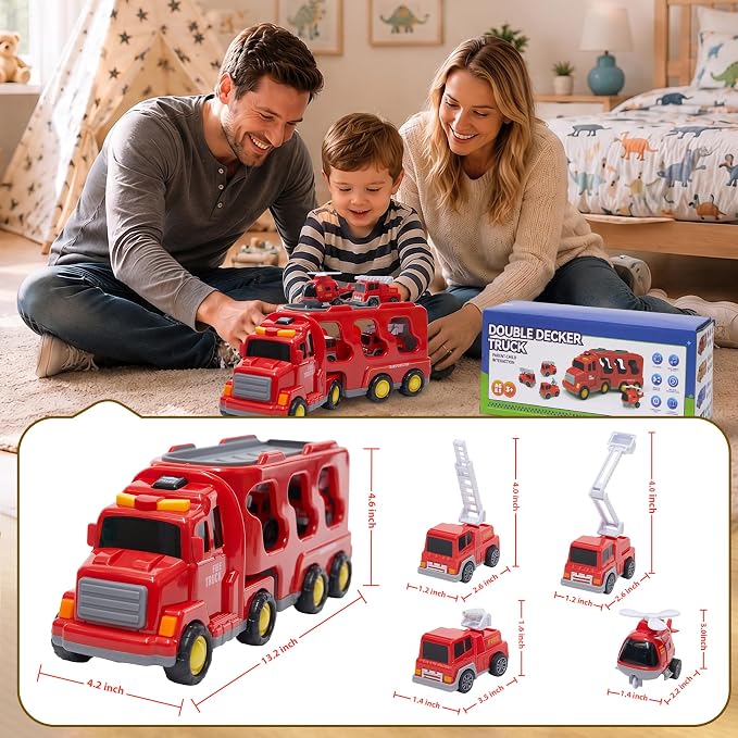JoyRapt 5 in 1 Construction Truck Toys for Toddlers 3-5, Carrier Transport Trucks 4 Pack Small Pull Back Construction Vehicles Friction Power Cars, Christmas Birthday Gift Toys for Boys Girls.