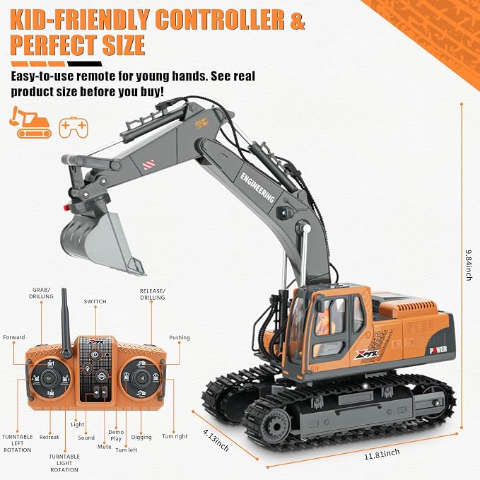 RC Excavator Toy for Boys 3-12, 3-IN-1 Bucket/Claw/Drill, 2.4GHz 14 Channel Construction Truck with 680ยฐRotating, 2400mAh Battery/LED Lights/Realistic Sounds, Durable Engineering Vehicle Gift for Boys