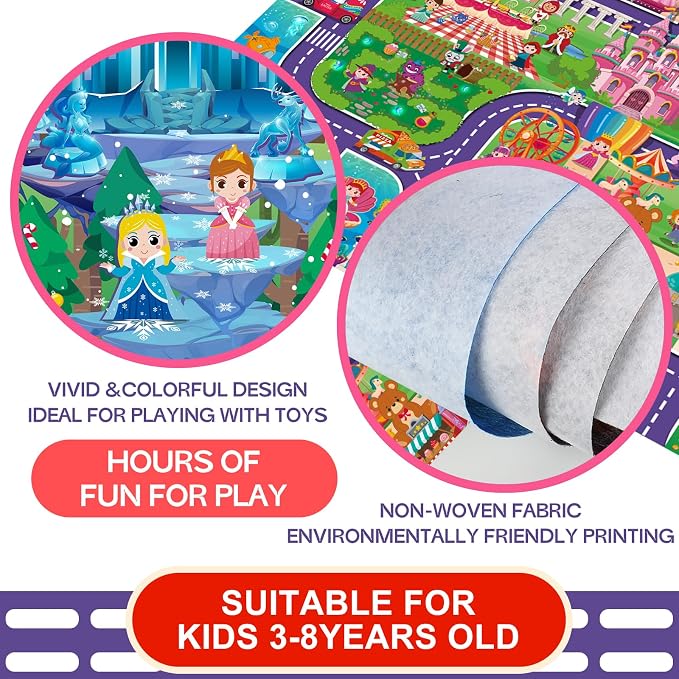 Oriate Kids Dream Mat Girls Toy Car Playmat, Princess Castle Girl Pink Kids Play mat, Parent-Kid Interaction Pretend Game for Playroom Bedroom Floor, Ideal Girl Toys Play and Learn