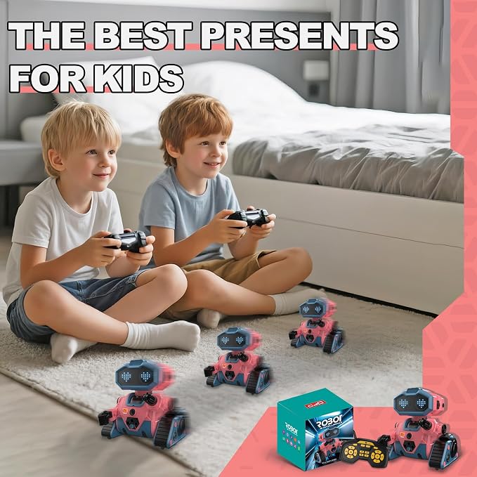 BYTEWAR Interactive Smart Robot Toys, Rechargeable Remote Control Emo Robot with Learning Gesture Sensing, Auto-Demonstration, Music and Dance, Shining LED Eyes, Robot Toy for Kids 3-5(Pink)