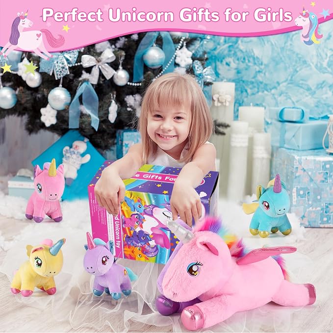 gnomantic Unicorn Stuffed Animals with Babies Inside, Mommy Toy for Kids | 5-Piece set: 1 mommy unicorn + 4 baby unicorns inside. Unzip belly to reveal surprise babies. Ultra-soft, ages 3-8.
