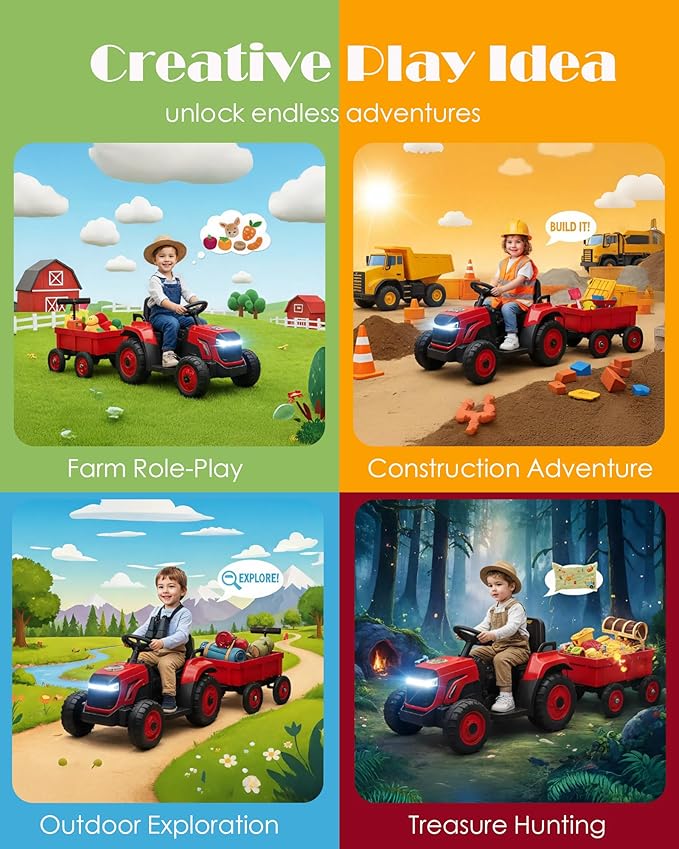 Garvee Toddlers Ride on Tractor with Detachable Garden Cart, 12V Electric Kids’ Vehicle with Trailer, Ages 3–8, Max Load 66 Lbs, Up to 2.5 Mph, Battery-Powered 8-Wheel, Remote Control, Garden Game
