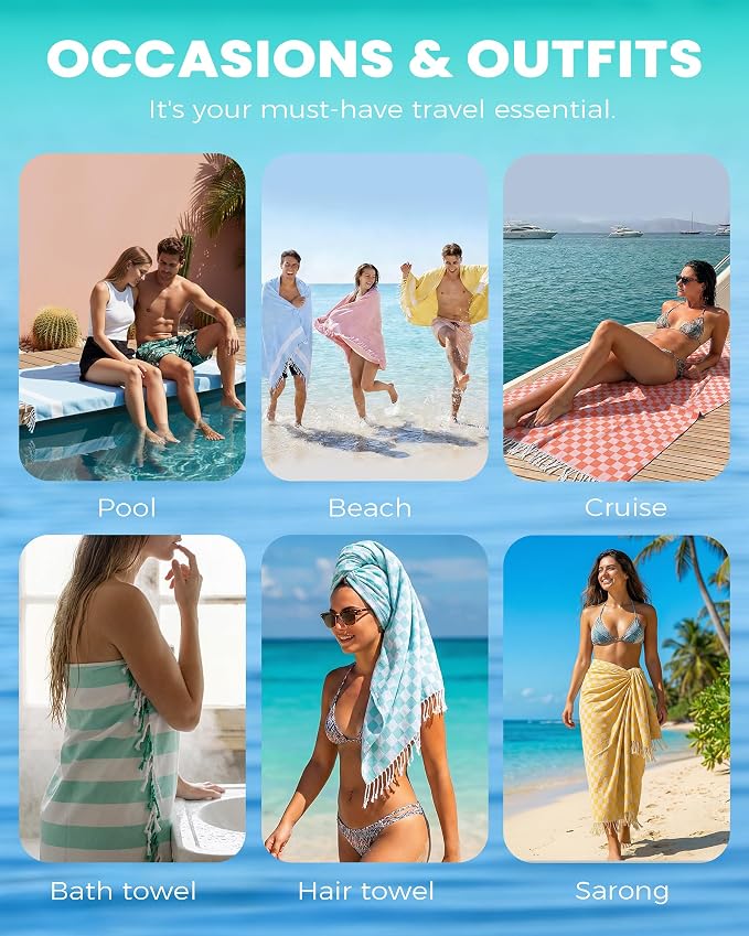 Antfuny 6 Packs Checkered Plaid Turkish Beach Towel Beach Sandproof Fast Drying Extra Large Palm Spring Cabo San Lucas Venice Trip Essentials Pueto Vallarta Nassau Cosaster Accessories Gift