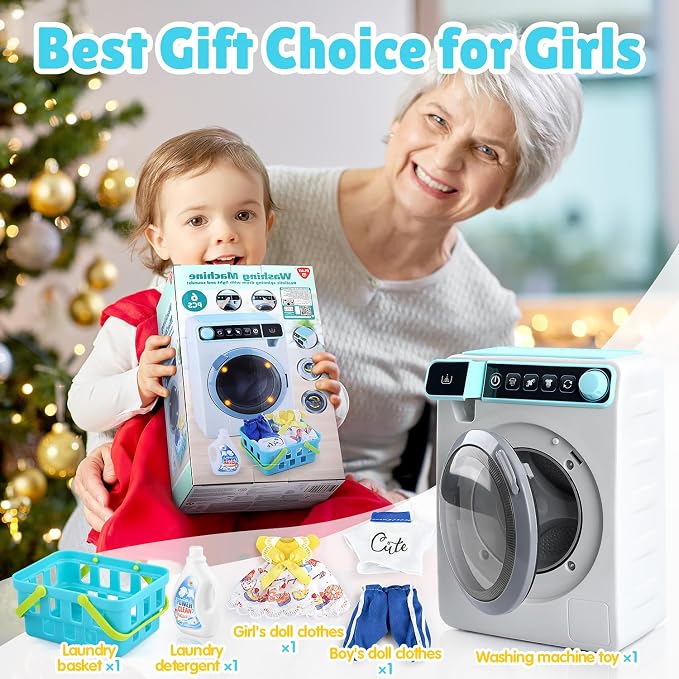 Kids Toy Washing Machine, Realistic Pretend Play Appliance for Girls, Interactive Toy Dollhouse Furniture, Play Washer and Dryer Playset with Spinning Drum