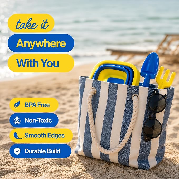 Beach Toys for Kids, 12-Piece Foldable Sand Toy Set, Silicone Beach Bucket, Sand Toys for Toddlers Ages 2-8, Beach Bucket and Shovel Set, Outdoor Beach and Sandbox Toys (Blue Set)