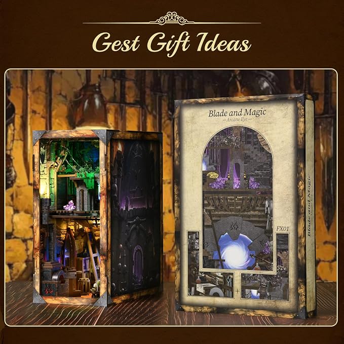 CCCDF DIY Book Nook Kit, DIY Miniature Dollhouse Booknook Kit, 3D Wooden Puzzle Bookend Bookshelf Insert Decor with LED Light for Teens and Adults (Blade and Magic)