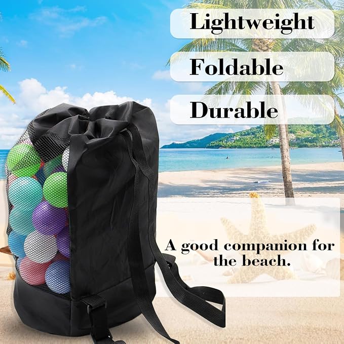 INVODA Mesh Beach Bag Drawstring Beach Backpack Foldable Toy Organizer Bag Shell Adjustable Straps Large Capacity Swim Bag