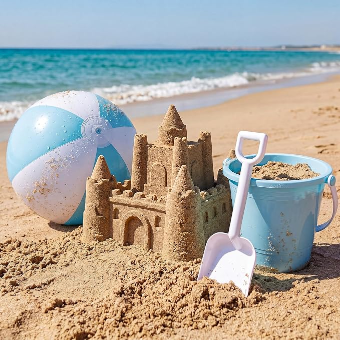 Lunmon 72 Pcs Beach Toys for Kids 24 Set Sand Buckets Shovels Bulk Pastel Beach Balls Inflatable Sand Toys for Girls Boys Toddlers Games Birthday Summer Pool Party Favor (Blue White, Castle)