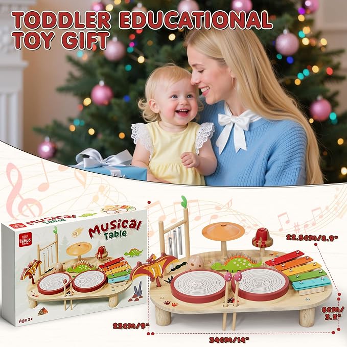 Lehoo Castle Baby Drum Set, Wooden Musical Instruments, Montessori Toys for Toddlers, Percussion Set with Xylophone Maracas Egg Shaker Drum Sticks, Preschool Christmas Birthday Gift