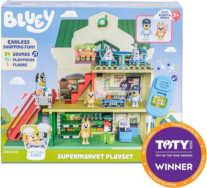 Bluey and Bingo Supermarket Playset with Escalator, Pretend Play Toys for Toddlers, Sounds and 15 Pieces, Bluey Grocery Store Playset
